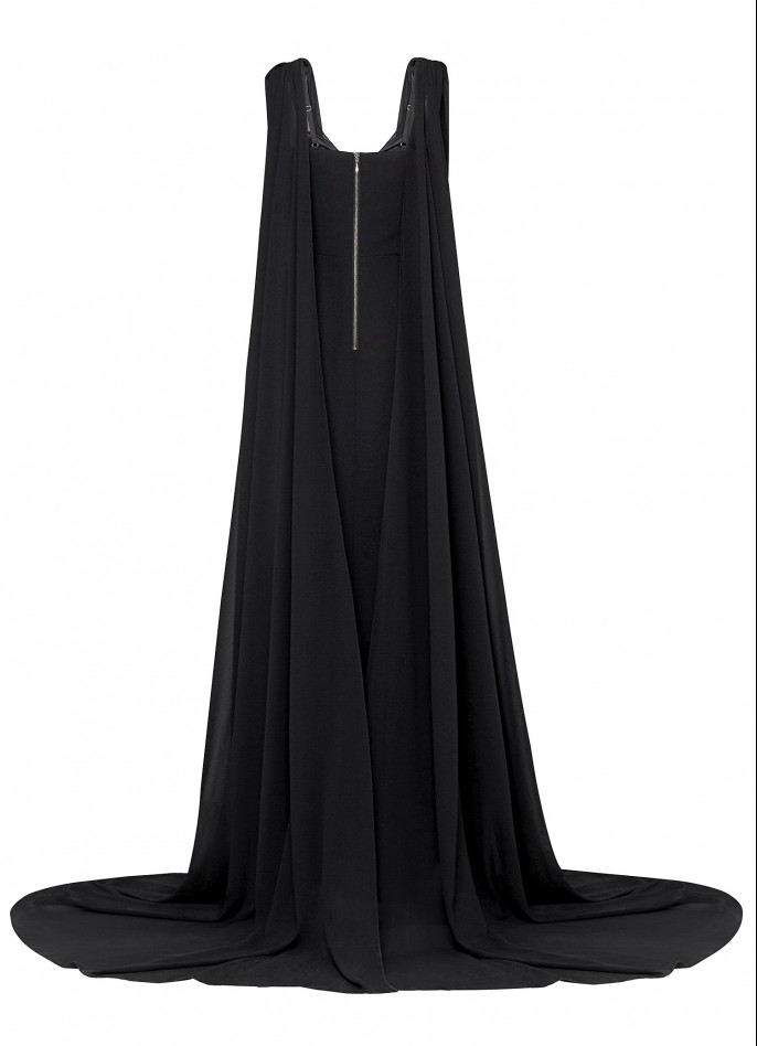 BLACK CHIFFON-TRIMMED STRETCH CREPE GOWN